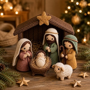 May include: A crochet nativity set featuring a brown stable with a yellow star, figures of Mary in a dusty rose robe, Joseph in a green robe, a swaddled infant in a brown manger, and a white sheep, all crafted with detailed yarn stitching.