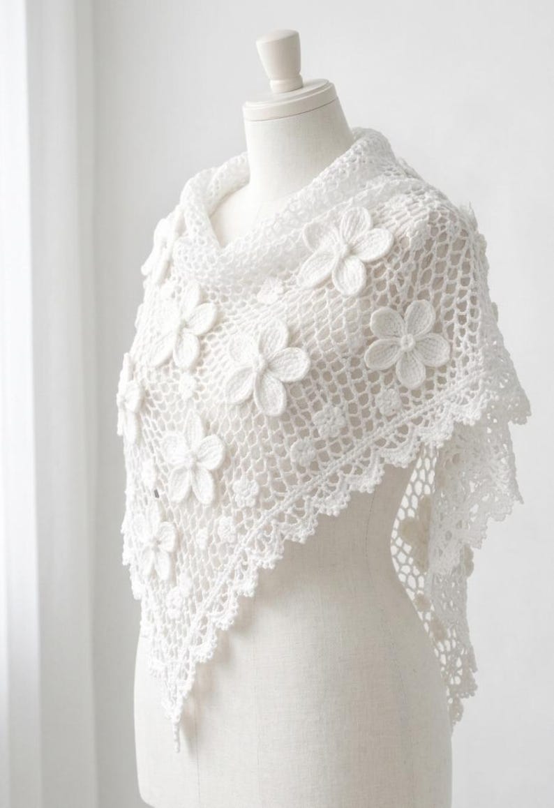 Crochet Shawl Pattern PDF | White Floral Lace Triangle Wrap | Bridal ...