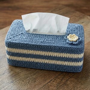 May include: A blue and cream crocheted tissue box cover with a flower accent. The rectangular box has a light blue base with cream-colored stripes and a flower on the side. White tissues are visible at the top.