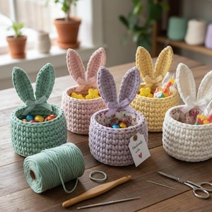 Könnte beinhalten: Handgefertigte Häkel-Osterkörbe in Pastellfarben, geformt wie Hasen mit langen Ohren. Jeder Korb ist mit Leckereien gefüllt und mit einem Band gebunden. Eine Spule türkisfarbenes Garn, ein Häkelhaken und eine Schere liegen auf dem Holztisch.