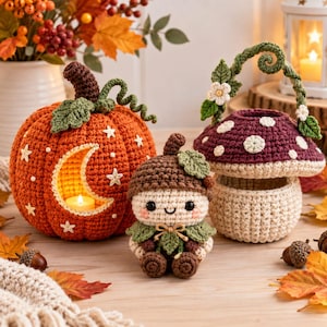 May include: A crochet set featuring an orange pumpkin with a crescent moon cutout, a small acorn character with a brown cap and green leaves, and a dark red mushroom basket with white spots and a vine handle decorated with small white flowers.