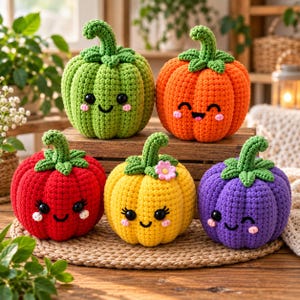 Peut inclure: Un ensemble de cinq citrouilles au crochet de couleurs verte, orange, rouge, jaune et violette. Chaque citrouille possède une tige verte, des yeux en plastique noir, un sourire brodé et des joues roses. La citrouille jaune a une petite fleur rose.