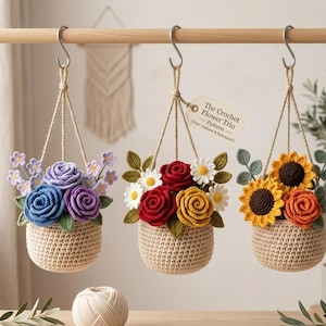 Crochet Flower Trio Pattern, Hanging Basket Bouquet PDF, Amigurumi Rose Daisy Sunflower, Boho Wall