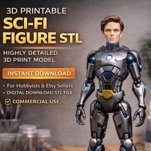 May include: A highly detailed 3D printable sci-fi figure model. The figure is metallic gray with blue accents and a gold belt. The image includes text that says "3D Printable Sci-Fi Figure STL" and "Instant Download". The model is 180mm (7 inches) tall.