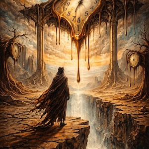 May include: A surreal digital painting depicts a figure in a dark cloak standing before a melting clock. The clock, with Roman numerals, drips like liquid gold. The landscape features a canyon and a waterfall, with a cloudy sky.