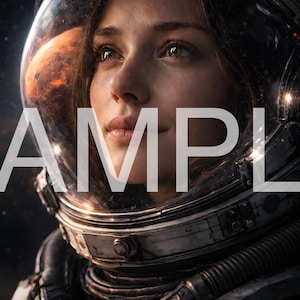 May include: A portrait of a person in a space helmet, with the word "SAMPLE" overlaid. The helmet's visor reflects a planet. The person is looking up, with a serious expression. The space suit is metallic.