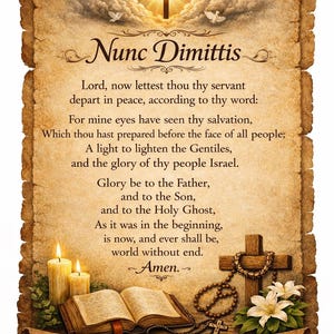 Puede incluir: Un pergamino religioso con el texto "Nunc Dimittis" y una oración. La imagen presenta una cruz, palomas, velas, un libro abierto y un rosario. El pergamino tiene una apariencia vintage y envejecida con una paleta de colores cálidos.