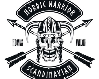 Arte mural imprimible de guerrero nórdico, diseño de calavera y flecha vikinga, descarga digital de honor y valor escandinavo, póster de guerrero nórdico