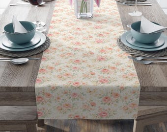 Camino de mesa con estampado floral vintage de rosas / Comedor estilo cottagecore en rosa suave