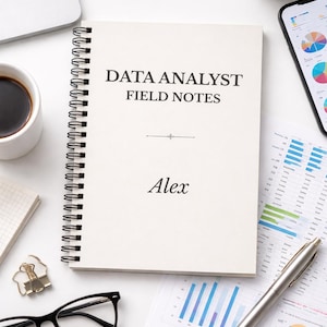 Könnte beinhalten: Ein Spiralnotizbuch mit dem Text "DATA ANALYST FIELD NOTES" und dem Namen "Alex" auf dem Einband. Das Notizbuch ist von Bürobedarf umgeben, darunter ein Laptop, eine Kaffeetasse, eine Brille und Diagramme, alles auf einer weißen Oberfläche.