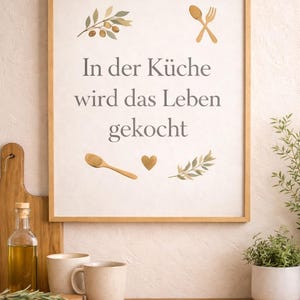 In der Küche wird das Leben gekocht - Küchen Wandbild Deutsch - Skandi Wanddeko - Minimalistisches Poster