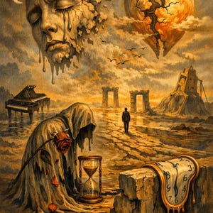 May include: Surrealist painting depicting a melting face, a broken heart, and a melting clock. A figure in a hooded cloak holds a rose, and a person walks toward two archways. A piano and a crumbling structure are also visible.