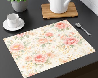 Mantel individual vintage con rosas rosas / Decoración floral para mesa