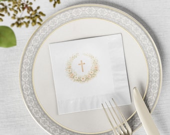 Servilletas con corona de cruz floral, servilletas blancas de cóctel para bautizo o comunión.