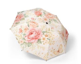 Paraguas plegable con estampado floral de rosas rosas en acuarela