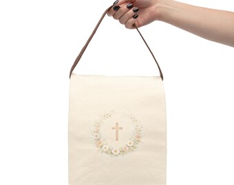 Bolsa de almuerzo de lona con diseño de corona floral y cruz