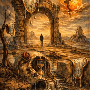 Peut inclure: Peinture surréaliste représentant un paysage désolé avec des horloges qui fondent, une arche et une silhouette. Un crâne avec un sablier est au premier plan. Le ciel présente un grand soleil orange et des nuages menaçants. La palette de couleurs est dominée par les bruns et les oranges.