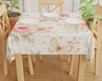 Mantel vintage de rosas rosas / Cubierta de mesa con mariposas florales