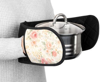 Manoplas de cocina vintage con rosas en acuarela / Manopla de cocina acolchada de doble cara