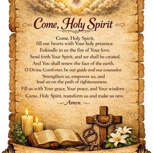 May include: A religious scroll with the text "Come, Holy Spirit" and a prayer. The image features a dove, candles, a cross, rosary beads, an open book, and white flowers. The scroll has a vintage, aged appearance.