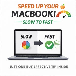 May include: A laptop screen displays "SLOW" and "FAST" with a graphic of a speedometer and an apple. Text reads "SPEED UP YOUR MACBOOK!" and "SLOW TO FAST." The bottom text says "JUST ONE BUT EFFECTIVE TIP INSIDE."