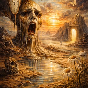 May include: Surrealist painting depicting a distressed face with a melting clock, a barren landscape, and a figure walking towards a glowing portal. The color palette includes warm tones of orange, brown, and yellow, with a butterfly in the sky.