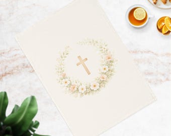 Paño de cocina con corona floral de margaritas y cruz / Ropa de cocina cristiana