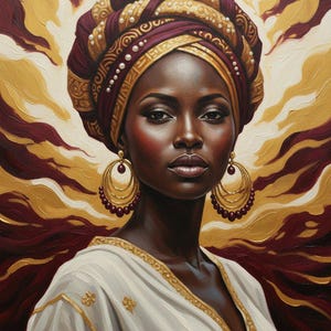 Peut inclure: Portrait d'une femme portant un turban bordeaux et or et de grandes boucles d'oreilles dorées avec des accents bordeaux. Elle porte une robe blanche avec des bordures dorées. Le fond présente des coups de pinceau or et bordeaux.