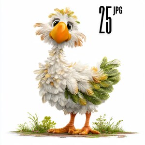 Può includere: Un uccello dei cartoni animati stravagante con un grande becco e zampe arancioni e un corpo ricoperto di piume bianche, verdi e gialle. L'immagine include il testo "25 JPG" nell'angolo in alto a destra. L'uccello è su un ciuffo d'erba.