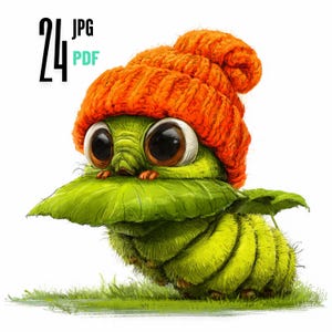 Può includere: Un'illustrazione stravagante di un bruco dei cartoni animati con un cappello di lana arancione e una foglia verde. Il bruco ha grandi occhi espressivi e un corpo verde e peloso. Il testo "24 JPG PDF" è incluso.