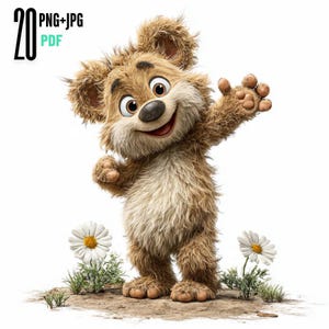 Può includere: Illustrazione di un cartone animato di un simpatico orso marrone con un grande sorriso, che saluta con la zampa destra. L'orso ha una pelliccia soffice e si trova su un pezzo di terra con due margherite. L'immagine include il testo "20 PNG+JPG PDF" nell'angolo in alto a sinistra.