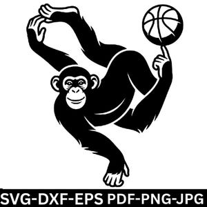 May include: Black and white illustration of a chimpanzee balancing a basketball on its finger. The chimpanzee is smiling and appears to be upside down. The image includes the text "SVG-DXF-EPS PDF-PNG-JPG" at the bottom.