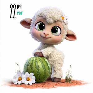 Può includere: Un agnello dei cartoni animati con grandi occhi verdi e un fiore tra i capelli è in piedi accanto a un'anguria verde. Margherite bianche ed erba sul terreno. L'immagine ha il testo "22 JPG PDF" nell'angolo in alto a sinistra.