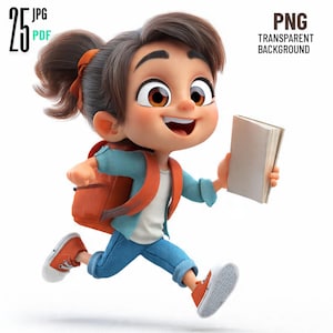 Può includere: Illustrazione di un cartone animato di una ragazzina che corre con uno zaino e un libro. Indossa una giacca blu, jeans e scarpe arancioni. L'immagine include il testo "PNG TRANSPARENT BACKGROUND" e "25 JPG PDF".