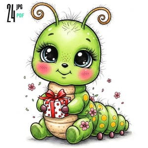 Può includere: Illustrazione di un cartone animato di un bruco verde con grandi occhi e guance rosee, che tiene in mano una scatola regalo legata con un fiocco rosso. Il bruco ha macchie gialle e fiori rosa sul corpo, con piccoli fiori rosa sparsi intorno.