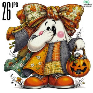 Könnte beinhalten: Eine Cartoon-Geisterfigur mit einer großen Patchwork-Schleife mit Blumen- und Karomustern in Orange, Gelb und Grau. Der Geist hat rosa Wangen, trägt orangefarbene Stiefel und hält einen geschnitzten orangefarbenen Kürbiseimer voller Leckereien.