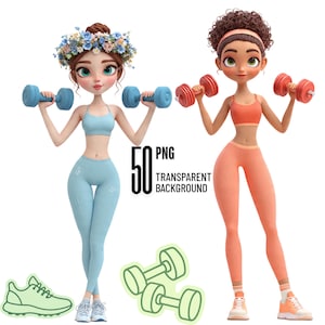 Puede incluir: Dos figuras de dibujos animados con ropa de entrenamiento, sosteniendo pesas. Una figura lleva un atuendo azul y una corona de flores, la otra un atuendo naranja. La imagen incluye el texto "50 PNG TRANSPARENT BACKGROUND" y un par de pesas verdes y un zapato verde.