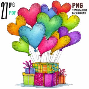 Op de afbeelding: Waterverfillustratie van kleurrijke hartvormige ballonnen die opstijgen uit een stapel ingepakte cadeau dozen. De ballonnen zijn in tinten rood, roze, blauw, groen, geel en paars. De cadeau dozen zijn in diverse kleuren en patronen.