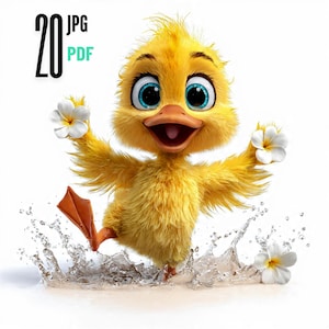 Può includere: Un allegro anatroccolo giallo dei cartoni animati con grandi occhi blu e un becco aperto, che sguazza nell'acqua. Tiene fiori bianchi tra le ali. L'immagine include il testo "20 JPG PDF" in nero.