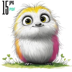 May include: A digital illustration of a round, fluffy creature with large, expressive yellow eyes. The creature has white fur on its face and chest, with yellow accents on top and pink fur on its sides. It stands on a patch of green grass.