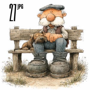 May include: A detailed illustration of an elderly man and his dog sitting on a wooden bench. The man wears a cap, waistcoat, and large boots. The image includes the text "27.JPG" in the top left corner.