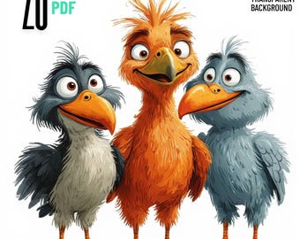 Funny Cartoon Birds Clipart PNG JPG PDF, Cute 3D Bird Character Sublimation, Crazy Birds Illustration Bundle, Whimsical Animal Graphics