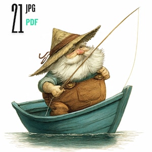 Può includere: Illustrazione di uno gnomo che pesca da una barca turchese. Lo gnomo indossa un cappello di paglia, una camicia blu e una salopette marrone. Il testo "21 JPG PDF" è visibile in alto a sinistra.