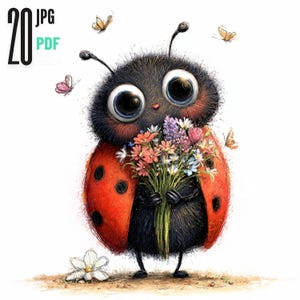 Può includere: Un'illustrazione stravagante di una coccinella che tiene in mano un mazzo di fiori colorati. La coccinella ha un corpo nero, ali rosse con macchie nere e grandi occhi espressivi. Le farfalle svolazzano intorno alla coccinella e l'immagine contiene il testo "20 JPG PDF".