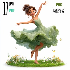 May include: A digital illustration of a woman in a flowing green dress dancing on a patch of grass with flowers. The dress is a light green color and appears to be made of a sheer fabric. The image also includes the text "PNG TRANSPARENT BACKGROUND".