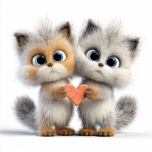 Può includere: Due soffici gattini dei cartoni animati con grandi occhi blu e un oggetto a forma di cuore. Un gattino è arancione e bianco, l'altro grigio e bianco. Sono in piedi vicini, tenendo il cuore.