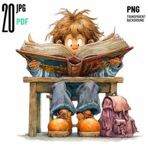 Può includere: Illustrazione ad acquerello di un bambino assorto in un grande libro. Il bambino, con i capelli castani arruffati, è seduto su un piccolo sgabello di legno, con jeans blu e stivali arancioni. Uno zaino viola è appoggiato accanto a lui. Il testo "20 JPG PDF" e "PNG TRANSPARENT BACKGROUND" è incluso.