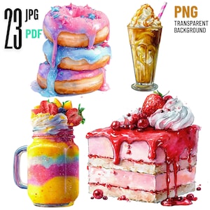 Peut inclure: Un ensemble d'illustrations numériques comprenant une pile de trois beignets glacés avec des étoiles, un grand verre de café glacé avec de la crème fouettée, un smoothie coloré en couches dans un bocal et une part de gâteau aux fraises.