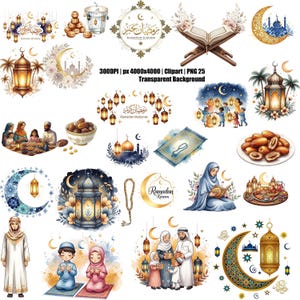 Puede incluir: Una colección de ilustraciones en acuarela con temas de Ramadán. Incluye lunas crecientes, linternas, dátiles, familias y caligrafía. El texto "Ramadan Kareem" y "Ramadan Mubarak" es visible.