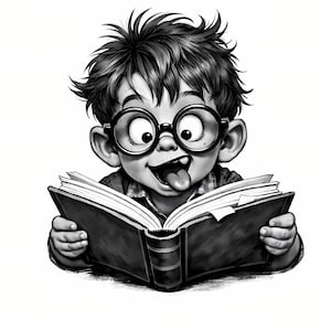 Può includere: Illustrazione in bianco e nero di un bambino dei cartoni animati con occhiali rotondi, che tira fuori la lingua mentre legge un libro. Il bambino ha i capelli spettinati e tiene il libro aperto.